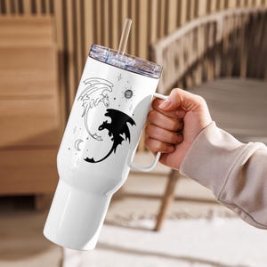 Mystical Dragons Yin Yang Travel Mug with Handle | Night and Light Fury Coffee Cup | Fantasy Dragon Lovers Gift | Unique Art Mug