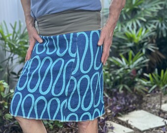 Turquoise/Aqua Swirl on Royal Blue Linen Elastic Waist Aline Skirt / Summer Skirt / Change of Life / Travel / Vacation / Beach Cover up