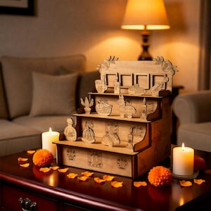 May include: A tiered wooden display stand featuring four levels with laser-cut designs including a cactus, a piñata, candles, and various small objects. The light brown wood structure has decorative floral carvings at the top and etched details.
