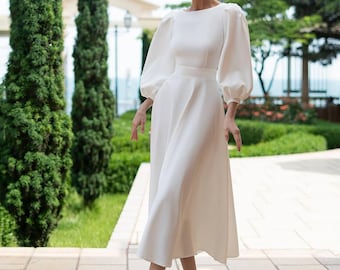 Puff Sleeve Midi Dress, Elegant Boat Neck A-Line Dress, Bishop Sleeve Fit and Flare Dress, Wedding Guest Tea Length Dress XS-XXL