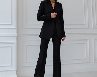 Blazer Suit Set: Women's Wide Leg Pants & Crepe Blazer