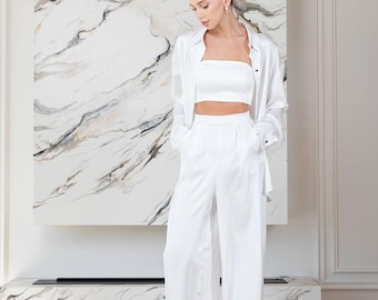 Satin Suit Set: Chic Shirt & Oversized Trousers
