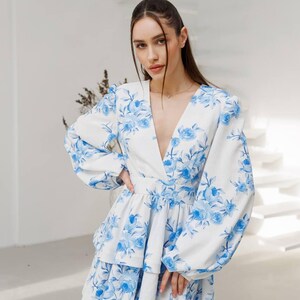 Blue Puff Sleeves Dress, Floral Linen Dress – Summer Blue Dress, Deep V neck Mini Dress, Bridesmaid Dress and Parties Dress