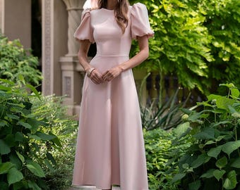 Puff Sleeve Midi Dress | A-Line Crepe Dress with Pockets | Elegant Wedding Guest Dress | Women's Fit and Flare Dress