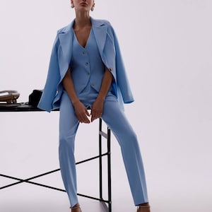 Classic Blue Suit for Women | Tailored Blazer 3-piece suit | Blazer and Vest Suit Combo, Stylish Formal Suit for Office or Casual Events