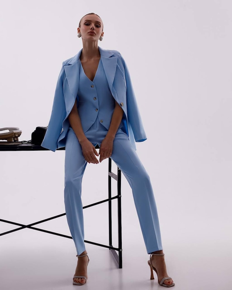 Classic Blue Suit for Women | Tailored Blazer 3-piece suit | Blazer and Vest Suit Combo, Stylish Formal Suit for Office or Casual Events