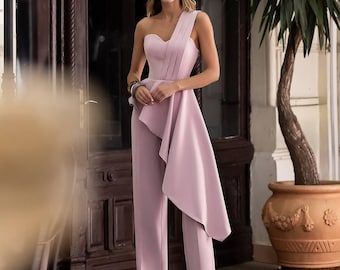 Elegant Crepe Wide Leg Jumpsuit with One Shoulder Peplum Design - Slim Fit Formal Jumpsuit for Weddings Parties and Special Occasions