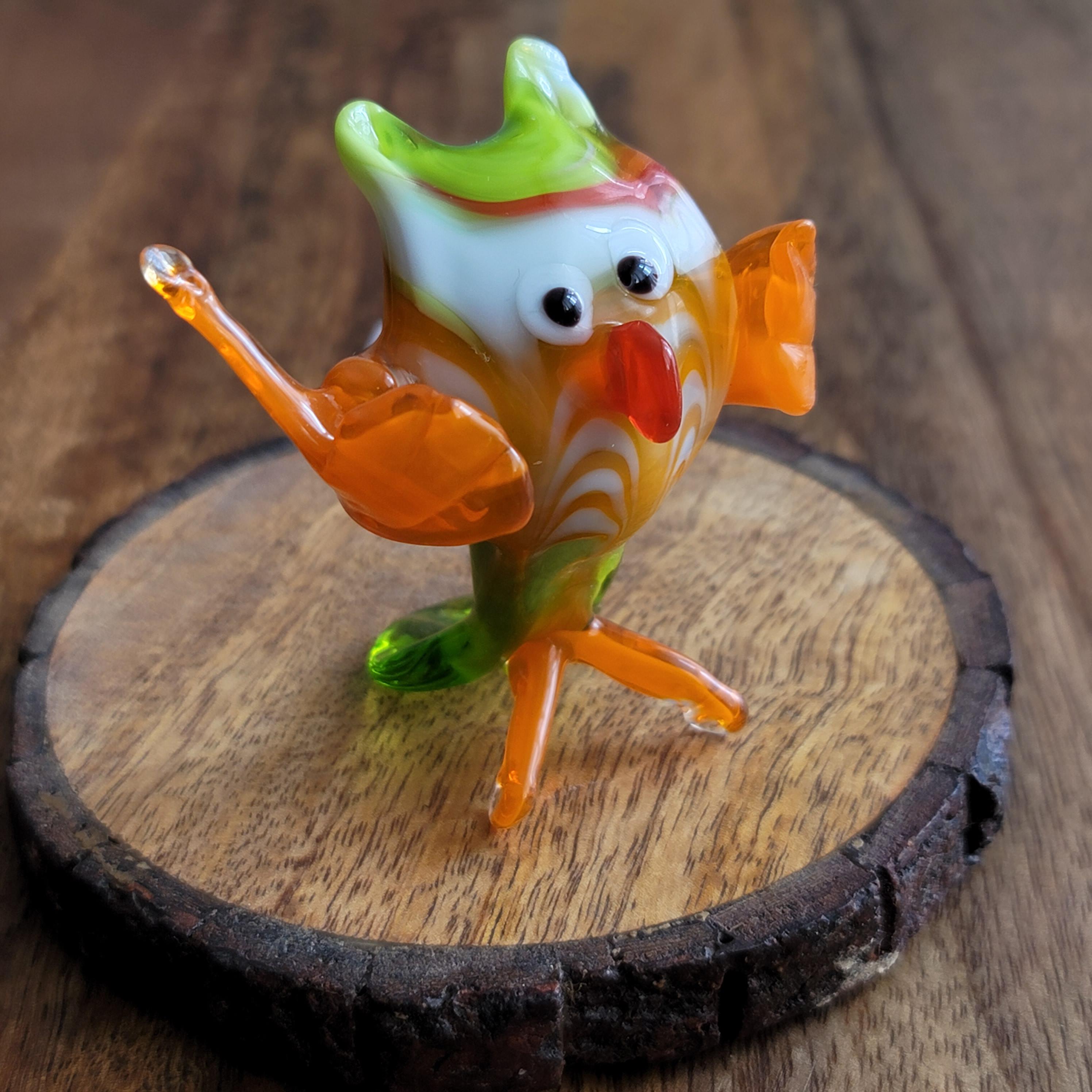 Handmade Glass Owl Figurine: Whimsical Orange & Green Decor