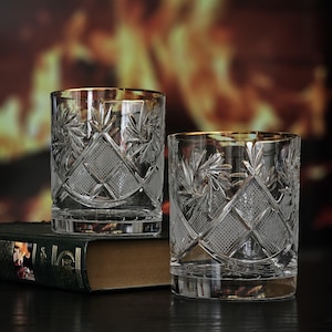 11 oz Whiskey Glasses set, Hand-Cut Crystal Old-Fashioned Glasses with Rim