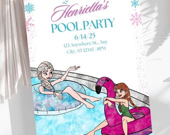 Bearbeitbare Elsa und Anna Gefrorene Pool Geburtstagseinladung, Gefrorene Canva Vorlage, süße Aquarelleinladung für Kinder, Printable Party Invite Mädchen