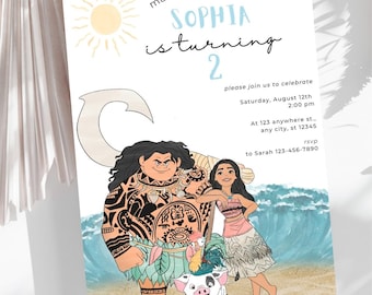 Puede incluir: Una invitación de cumpleaños con personajes de dibujos animados y detalles del evento. La invitación dice "Sophia cumple 2". El diseño incluye un sol, olas del océano y un cerdo de dibujos animados. La invitación es para una fiesta de cumpleaños.