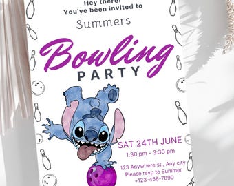 May include: White invitation card for a bowling party. The card features the text "Bowling Party" in purple script, a cartoon character, and bowling pins. The date and time of the event are also included.