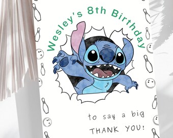 May include: A blue Stitch character from the Disney movie Lilo & Stitch is peeking out of a hole in a white card. The card has a green border and says "Wesley's 8th Birthday" and "Just a little card to say a big THANK YOU!" with bowling pins and balls around the border.
