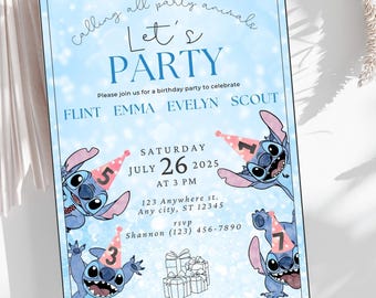 Editable Stitch Group Birthday Invitation, Lilo & Stitch Canva Template, Cute Invite for Kids, Printable Party Invite Boy/girl