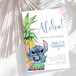 Editable Stitch Summer Birthday Invitation, Lilo & Stitch Canva Template, Cute Watercolor Invite for Kids, Printable Party Invite Boy/girl