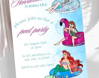 Bearbeitbare Elsa Anna Ariel Pool Geburtstagseinladung, Gefrorene Canva Vorlage, süße Aquarelleinladung für Kinder, druckbare Partyeinladung Mädchen