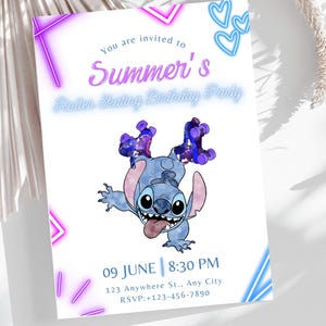 May include: Invitation for Summer's Roller Skating Birthday Party. The invitation features a cartoon character with roller skates, neon accents, and the party details: June 9th, 8:30 PM, and an RSVP number.