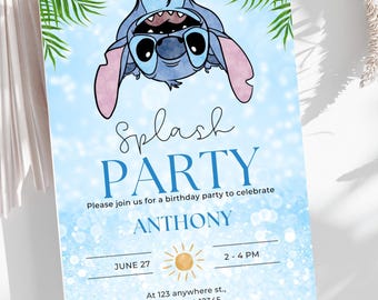 Editable Stitch Splash Party Birthday Invitation, Lilo & Stitch Canva Template, Cute Invite for Kids, Printable Party Invite Boy/girl