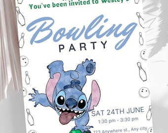 May include: A blue Stitch character from the Disney movie Lilo & Stitch is holding a green bowling ball. The invitation is for a bowling party on Saturday, 24th June from 1:30 to 3:30 pm. The address is 123 Anywhere st., Any city. Please RSVP to Summer at +123-456-7890.