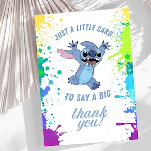 Cartão de agradecimento editável para festa de pintura com respingos de ponto, modelo Lilo & Stitch Canva, fofo para crianças, cartão de agradecimento para impressão, menino ou menina