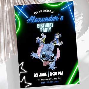 May include: A birthday party invitation featuring a blue Stitch character from Lilo & Stitch wearing roller skates. The background is black with neon green and blue lines. The text reads "You are invited to Alexander's Birthday Party", "09 June 8:30 PM", "123 Anywhere St., Any City", and "RSVP:-123-456-7890".