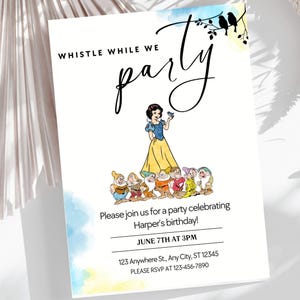 Editable Snow White Birthday Invitation, Snow White Canva Template, Watercolor for Kids, Printable Party Invite for girl