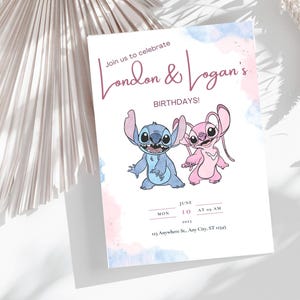 Pode incluir: Um convite de aniversário com Stitch e Angel do filme da Disney Lilo & Stitch. O convite é decorado com fundos azuis e rosa em estilo aquarela. O texto diz "Join us to celebrate London & Logan's Birthdays!"  "Mon June 10 AT 09 AM 2035 123 Anywhere St., Any City, ST 12345"