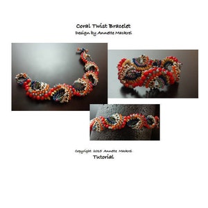May include: Coral Twist Bracelet beading pattern tutorial. The bracelet is made with red, blue, silver, and black beads. The design is a twist pattern with a repeating motif.