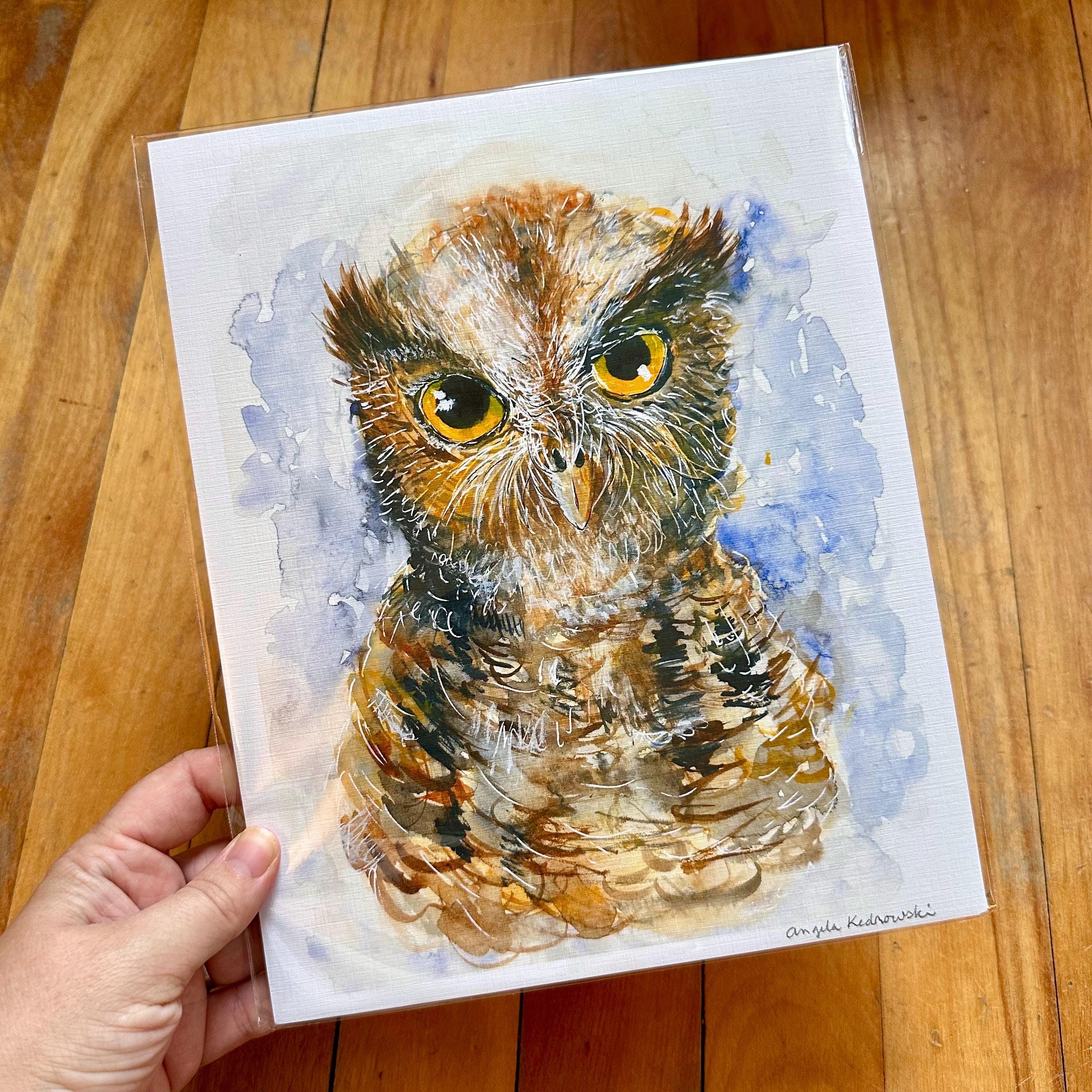 Ornery Screech Owl giclee art print from original watercolor painting