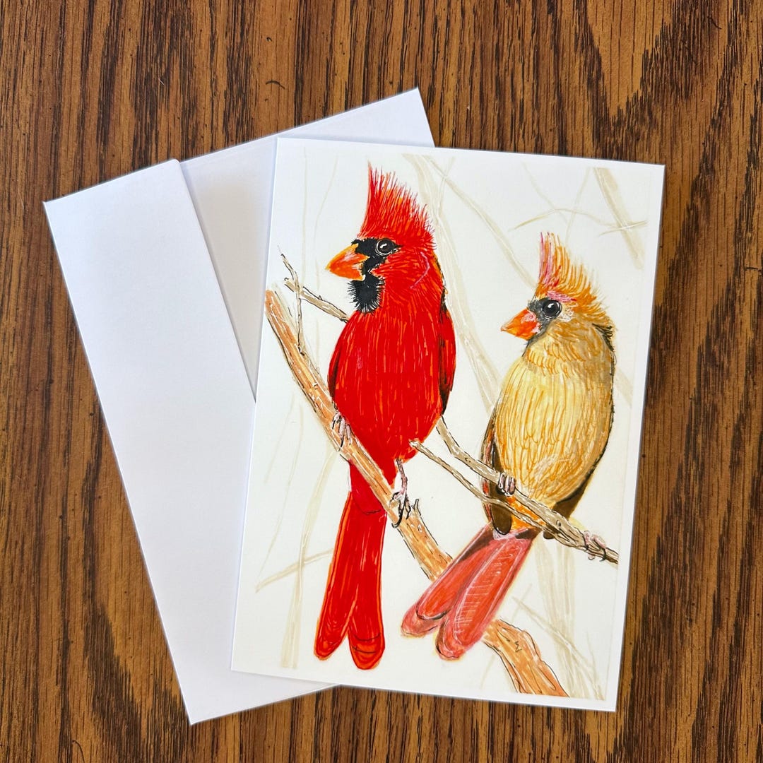 Cardinal Couple Greeting Card From Original Marker and Ink Sketch - Etsy
