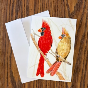 Carte de voeux Cardinal Couple, carte imprimée au marqueur et à l'encre