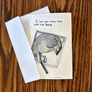 Te amo más que a los gatos, cajas, tarjeta de felicitación, tarjeta impresa con dibujo a lápiz y tinta de color.