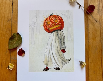 Pumpkin Head Strut giclee art print from original marker and colored pencil drawing