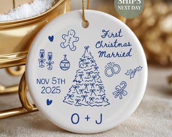 First Christmas Married Ornament, Mr And Mrs Ornament, Personalized Married Gift for Newlywed Couple, Custom Wedding Date Doodle SL-0452