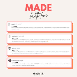May include: Image features the text "MADE With love" in pink and black script. Below are customer reviews with five-star ratings. The brand name "Simply Lit" is at the bottom.