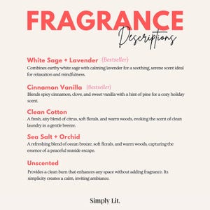 May include: A graphic with the title "FRAGRANCE Descriptions" in red and black script. Below, descriptions of scents like "White Sage + Lavender," "Cinnamon Vanilla," "Clean Cotton," "Sea Salt + Orchid," and "Unscented" are listed. The brand name "Simply Lit" is at the bottom.