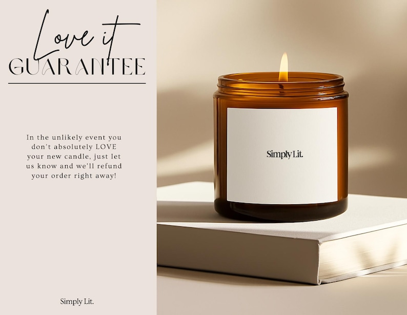 a brown glass jar with a lit candle inside, placed on top of a white book. The text overlay on the image reads "Love it GUARANTEE Simply Lit."
