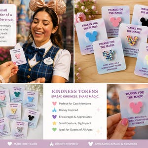 May include: A collection of Disney-themed Kindness Tokens with Mickey Mouse silhouettes in various colors. Each card reads "Thanks for the Magic" and "Carry Mickey as a reminder that you are appreciated."