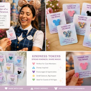 May include: A collection of Disney-themed Kindness Tokens with Mickey Mouse silhouettes in various colors. Each card reads "Thanks for the Magic" and "Carry Mickey as a reminder that you are appreciated."