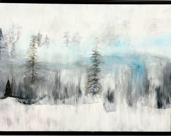 Pintura acrílica abstracta original de bosques nevados en gran formato en azul y gris