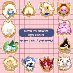 May include: A selection of colourful vinyl stickers showcasing diverse character designs from Cookie Run Kingdom. The stickers are cartoon-style with detailed outlines and vibrant colours. The text "Cookie Run Kingdom Vinyl Stickers" is also visible.