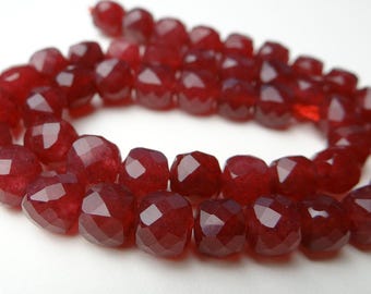 Ruby Red chalcedony faceted cube beads...7mm..6.5 inches