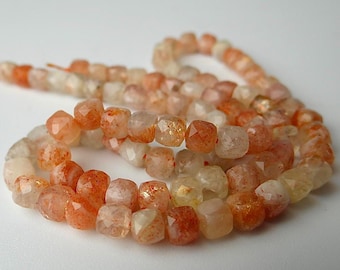 7.5 Inches...Sunstone faceted 3D cube beads....4mm