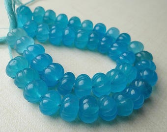 6 inches...Carved Caribbean blue quartz carved melon beads ...10x7mm