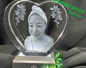 Custom Remembrance Crystal: 3D Heart Engraving of Photos & Text – Cherished Memorial Keepsake