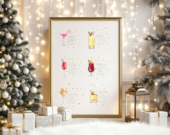 Puede incluir: Una lámina vertical enmarcada con seis recetas de cócteles navideños tituladas Candy Cane, Snowball, Poinsettia, Mulled Wine, Gingerbread Martini y Holly Jolly, ilustradas con su bebida correspondiente y pequeñas estrellas doradas.