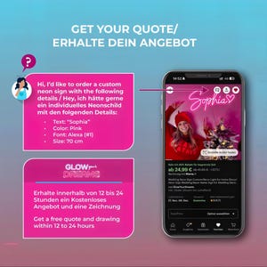May include: A smartphone screen displays a custom neon sign with the name "Sophia" in pink. The image includes text about ordering a custom neon sign, with details like color, font, and size (70 cm).