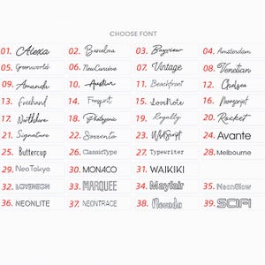 May include: Image displaying a selection of 39 different font styles. Each font is presented with a sample word or name, numbered from 01 to 39. The fonts vary in style, including cursive, bold, and modern designs.
