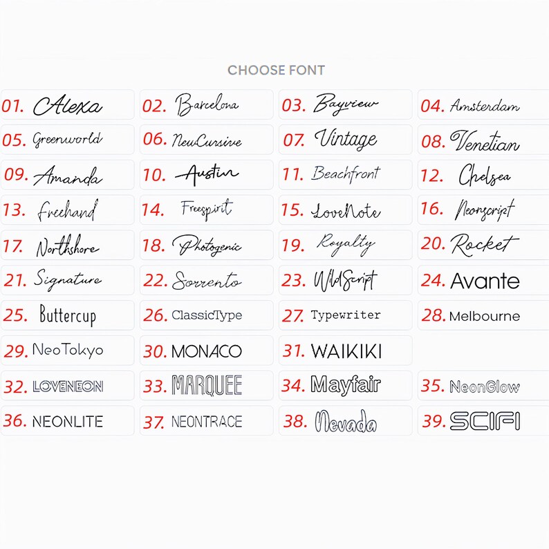 May include: Image displaying a selection of 39 different font styles. Each font is presented with a sample word or name, numbered from 01 to 39. The fonts vary in style, including cursive, bold, and modern designs.
