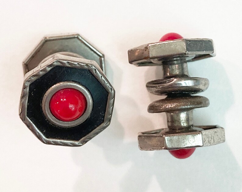 Vintage Cufflinks Pair Silver Metal with Black Enamel and Red Stones Cuff Links Formalwear